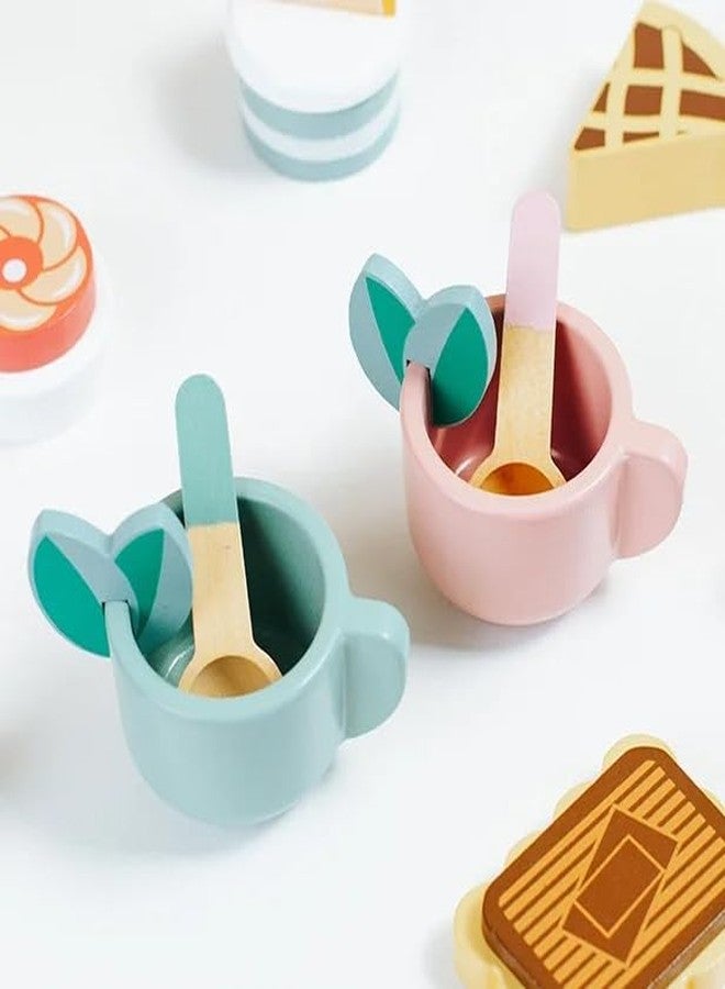 BLiSS HUES طقم حفلة شاي خشبي للأطفال من بليس هيوز - يتضمن معجنات، بسكويت، حامل كيك، أكواب وملاعق - لعبة طعام للأطفال - إكسسوارات مطبخ - Image 4